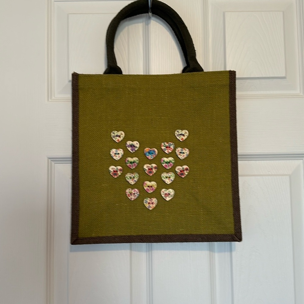 Tote bag, handmade, embellished with heart shaped buttons.